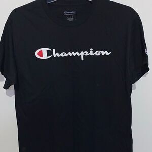 Champion Men's Black Crew Neck Short Sleeve Spell Out Logo Graphic T-shirt Large